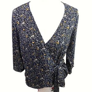 Allison Joy Navy Blue Floral Wrap Blouse 3/4 Sleeve V-Neck Top Small Made in USA